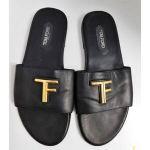Tom Ford Brighton Gold Logo Black Leather Flat Sandals Italy sz 11